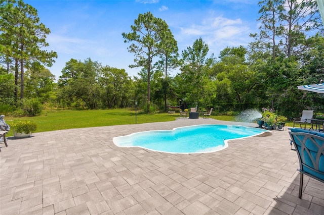 10197 Meadow Wren Ave, Weeki Wachee, FL 34613 - swimming pool featuring a patio area, a yard, and view of wooded area