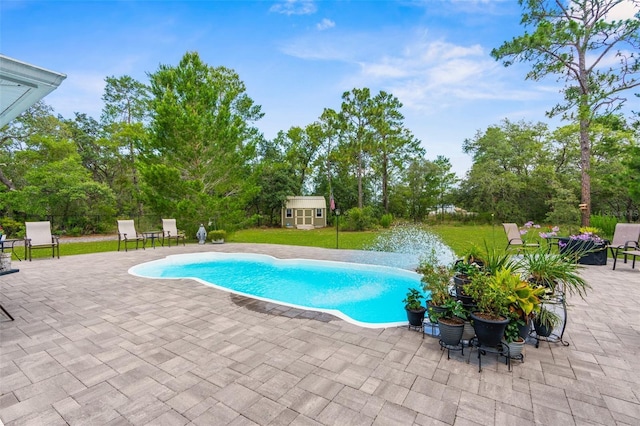 10197 Meadow Wren Ave, Weeki Wachee, FL 34613 - outdoor pool featuring a patio area, a lawn, and view of wooded area