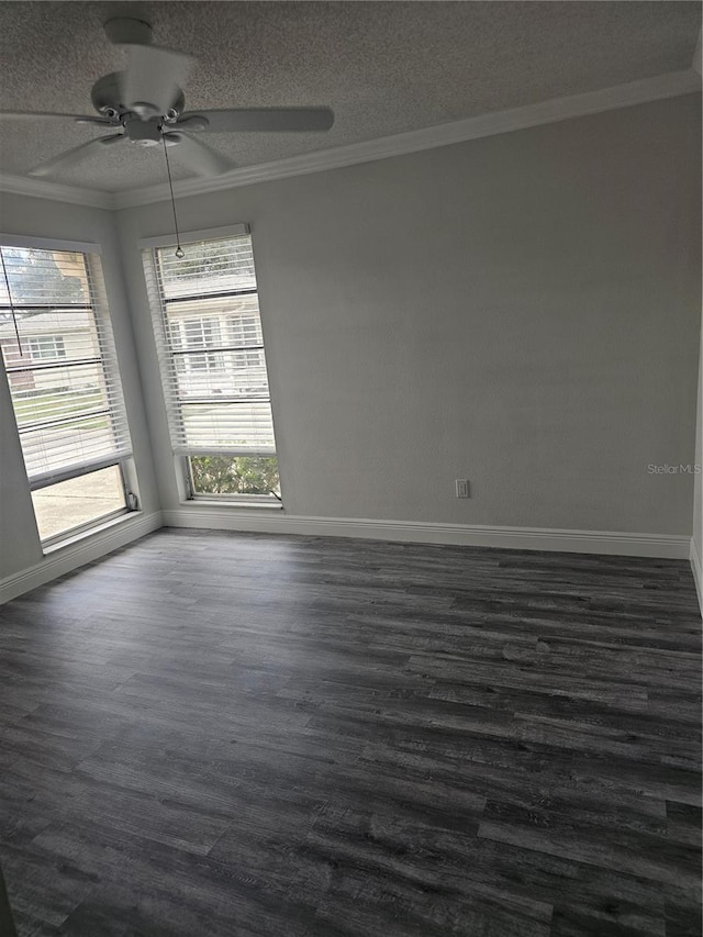1107 Queen Anne Dr Unit C, Palm Harbor, FL 34684 - empty room featuring ornamental molding, baseboards, dark wood-type flooring, a ceiling fan, and a textured ceiling