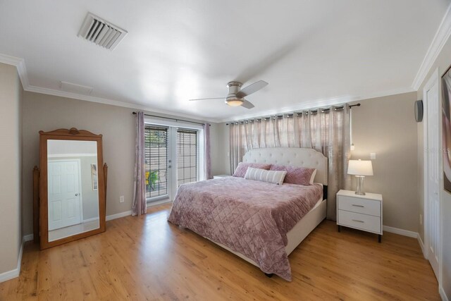 1706 Sloop Pl, Brandon, FL 33511 - bedroom with ornamental molding, baseboards, access to outside, light wood-style flooring, and ceiling fan