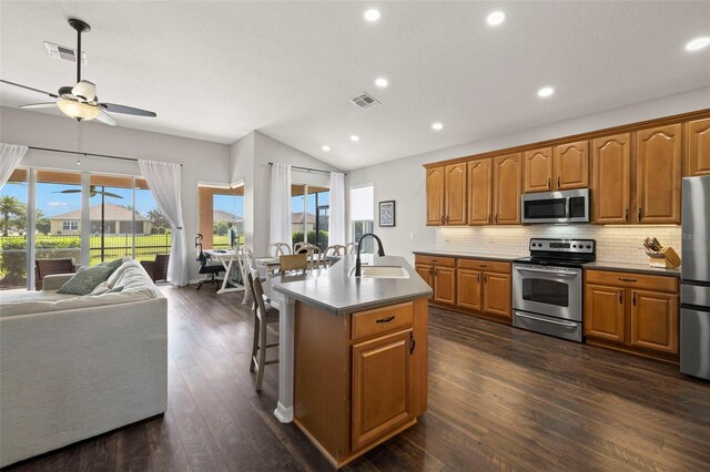 2350 126th Dr E, Parrish, FL 34219 - kitchen featuring appliances with stainless steel finishes, open floor plan, lofted ceiling, ceiling fan, and tasteful backsplash