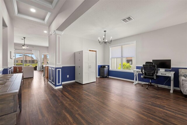 2350 126th Dr E, Parrish, FL 34219 - office with a chandelier, dark wood-style flooring, ornate columns, ornamental molding, and recessed lighting