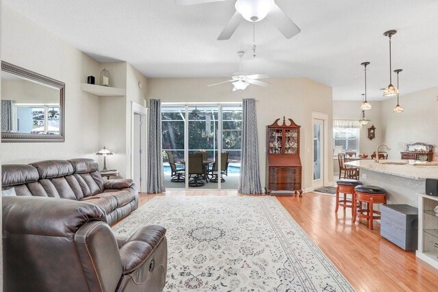 613 Sportsman Park Dr, Seffner, FL 33584 - living room featuring a ceiling fan, light wood-type flooring, and healthy amount of natural light