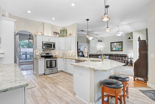 613 Sportsman Park Dr, Seffner, FL 33584 - kitchen with stainless steel appliances, a sink, a peninsula, ceiling fan, and light wood-type flooring