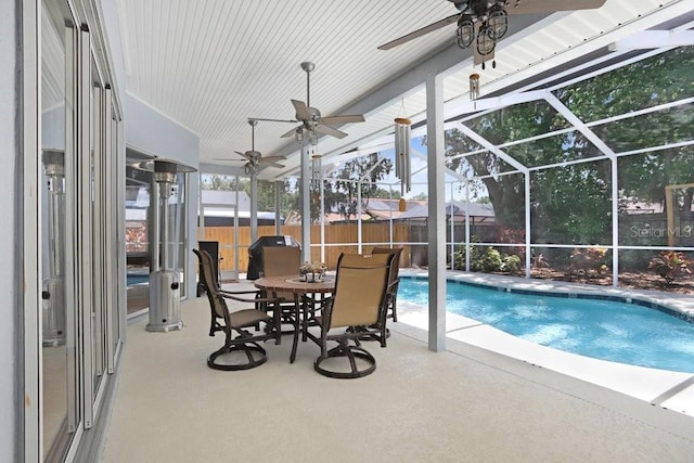 613 Sportsman Park Dr, Seffner, FL 33584 - view of pool with a fenced backyard, ceiling fan, a patio area, and glass enclosure