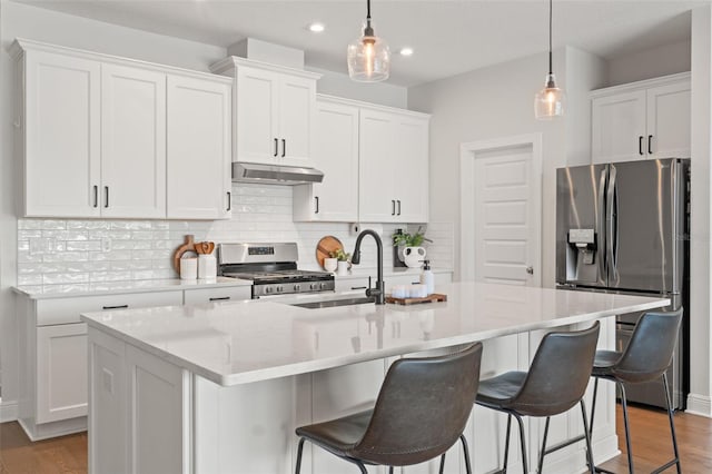 6123 Golden Nettle Dr, Apollo Beach, FL 33572 - kitchen with stainless steel appliances, under cabinet range hood, a sink, a kitchen breakfast bar, and white cabinets