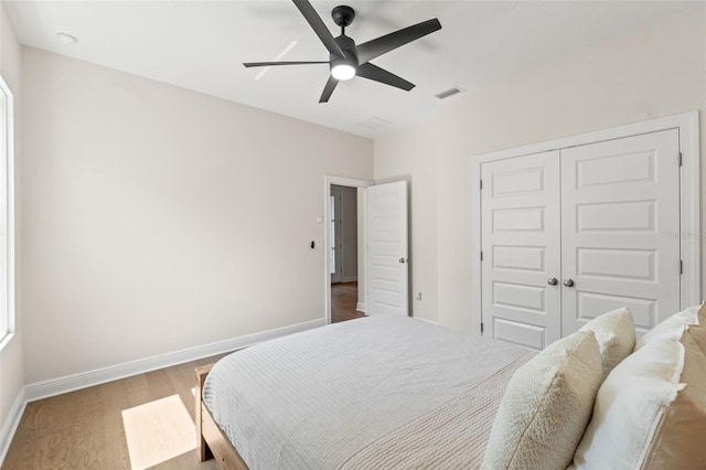 6123 Golden Nettle Dr, Apollo Beach, FL 33572 - bedroom featuring wood finished floors, a closet, baseboards, and a ceiling fan