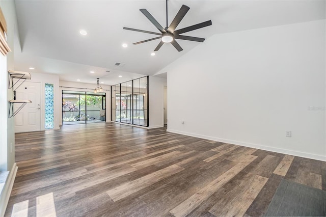 660 Channing Dr, Palm Harbor, FL 34684 - unfurnished room with high vaulted ceiling, dark wood finished floors, a ceiling fan, recessed lighting, and baseboards