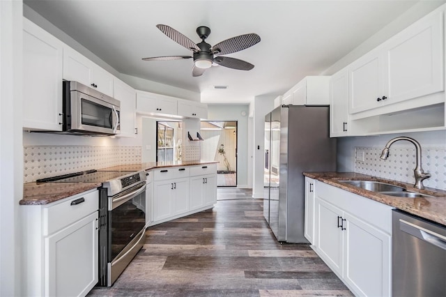 660 Channing Dr, Palm Harbor, FL 34684 - kitchen featuring appliances with stainless steel finishes, a sink, a ceiling fan, tasteful backsplash, and dark wood-style floors