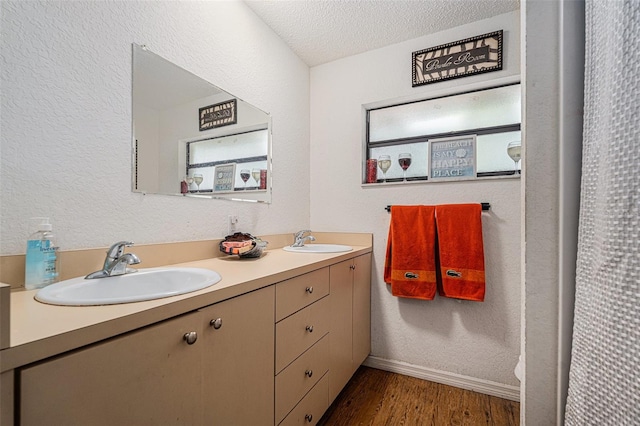 7700 Willow Brook Ct, Hudson, FL 34667 - bathroom with double vanity, wood finished floors, a textured ceiling, and a textured wall