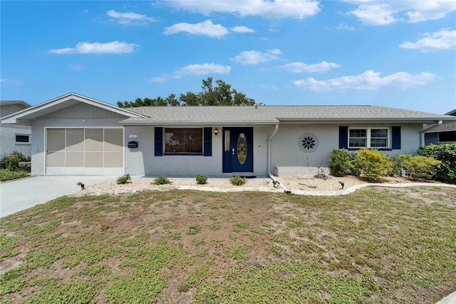 1813 Allegheny Dr, Sun City Center, FL 33573 - ranch-style house featuring a garage, driveway, stucco siding, and a front yard