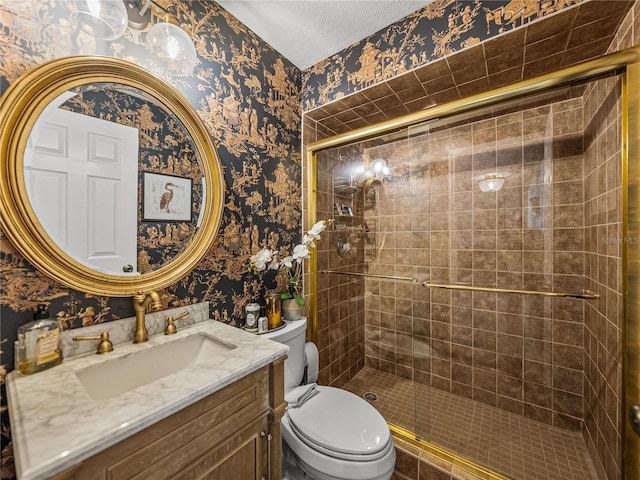 4611 Ackerly Way, Brandon, FL 33511 - bathroom featuring wallpapered walls, a shower stall, vanity, and a textured ceiling