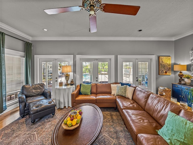 4611 Ackerly Way, Brandon, FL 33511 - living area featuring french doors, ceiling fan, crown molding, wood finished floors, and recessed lighting