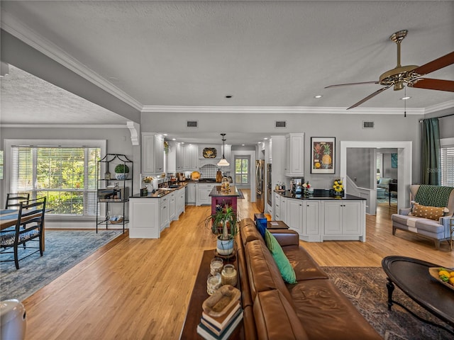 4611 Ackerly Way, Brandon, FL 33511 - living area featuring light wood-style floors, ceiling fan, plenty of natural light, a textured ceiling, and ornamental molding