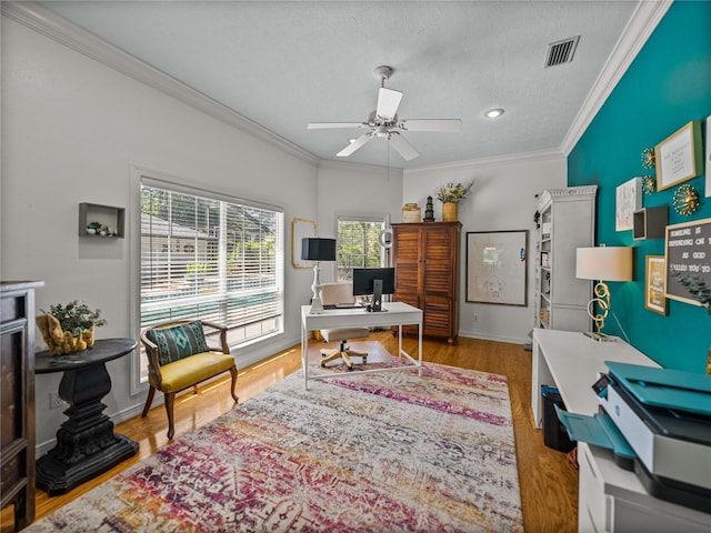4611 Ackerly Way, Brandon, FL 33511 - office area featuring crown molding, a ceiling fan, wood finished floors, and a textured ceiling
