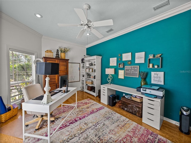 4611 Ackerly Way, Brandon, FL 33511 - office area featuring ornamental molding, a ceiling fan, wood finished floors, and recessed lighting