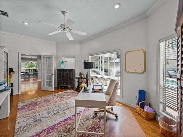 4611 Ackerly Way, Brandon, FL 33511 - office area with crown molding, wood finished floors, ceiling fan, a textured ceiling, and recessed lighting
