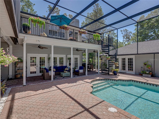 4611 Ackerly Way, Brandon, FL 33511 - outdoor pool featuring french doors, stairs, an outdoor hangout area, ceiling fan, and a patio area