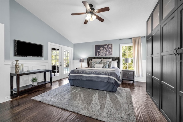 10421 Mesa Ln, Clermont, FL 34711 - bedroom with access to exterior, french doors, dark wood finished floors, wainscoting, and a decorative wall