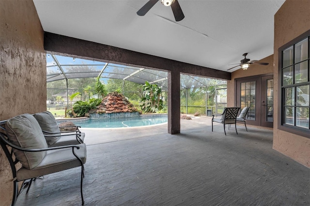 10421 Mesa Ln, Clermont, FL 34711 - view of patio / terrace with french doors, ceiling fan, an outdoor pool, and glass enclosure