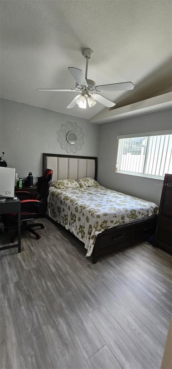 4500 Onorio St, New Port Richey, FL 34653 - bedroom featuring wood finished floors, ceiling fan, a textured ceiling, and an office area