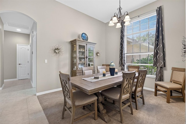 111 Falling Water Dr, Brandon, FL 33511 - dining space featuring light colored carpet, healthy amount of natural light, a chandelier, and light tile patterned floors