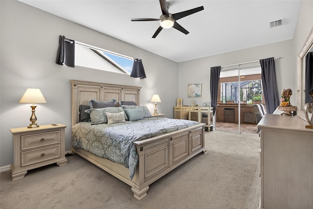 111 Falling Water Dr, Brandon, FL 33511 - bedroom featuring light carpet, access to outside, ceiling fan, and vaulted ceiling