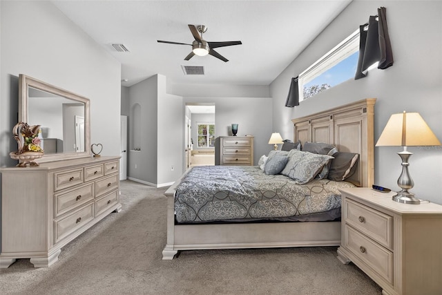 111 Falling Water Dr, Brandon, FL 33511 - bedroom with light carpet, multiple windows, ensuite bathroom, and ceiling fan