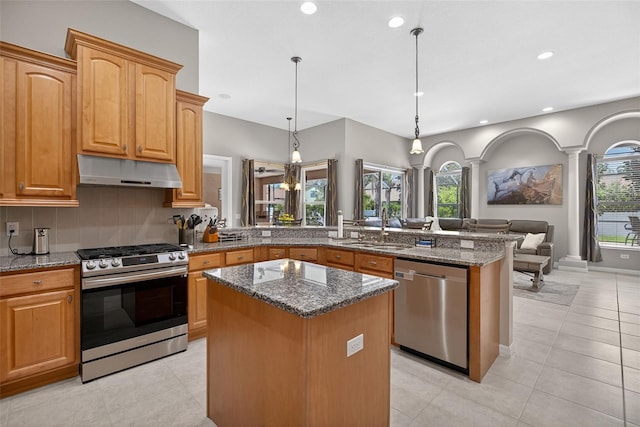 111 Falling Water Dr, Brandon, FL 33511 - kitchen featuring appliances with stainless steel finishes, under cabinet range hood, a peninsula, open floor plan, and dark stone counters