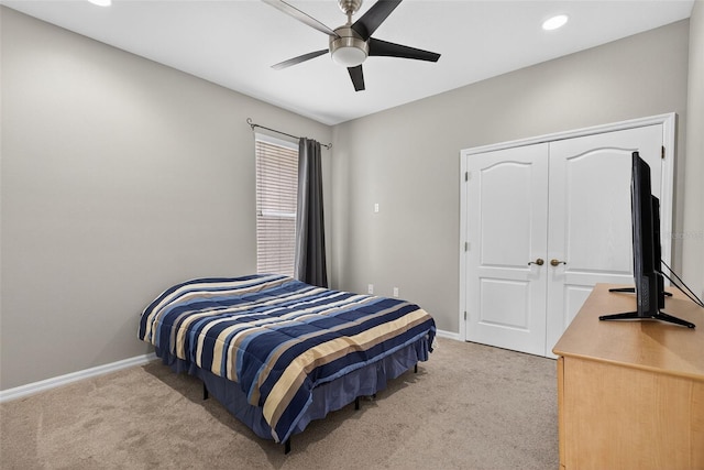 111 Falling Water Dr, Brandon, FL 33511 - bedroom featuring carpet floors, ceiling fan, recessed lighting, and a closet
