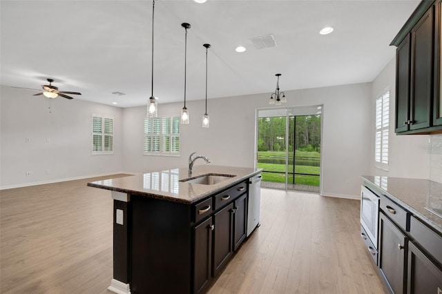 19238 Old Spanish Rd, Tampa, FL 33647 - kitchen featuring a sink, light wood finished floors, stainless steel appliances, a ceiling fan, and dark stone countertops