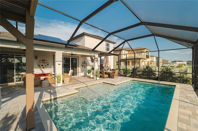 3091 King Fern Dr, Wimauma, FL 33598 - swimming pool featuring a patio area, an outdoor hangout area, and ceiling fan