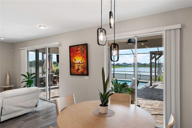 3091 King Fern Dr, Wimauma, FL 33598 - dining space with a water view and wood finished floors