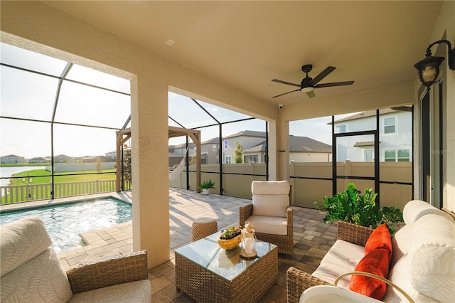 3091 King Fern Dr, Wimauma, FL 33598 - sunroom / solarium with a ceiling fan, a residential view, and an outdoor living space