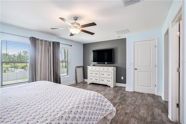 146 Rain Berry Ave, Ruskin, FL 33570 - bedroom with dark wood-style flooring, a ceiling fan, and a textured ceiling