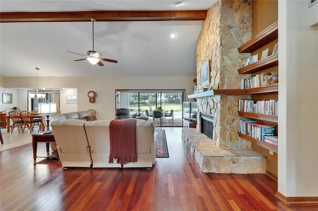 414 Summit Chase Dr, Valrico, FL 33594 - living room featuring beamed ceiling, a fireplace, a ceiling fan, high vaulted ceiling, and dark wood finished floors