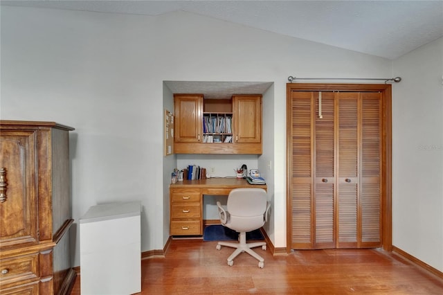 414 Summit Chase Dr, Valrico, FL 33594 - home office featuring lofted ceiling, wood finished floors, and baseboards