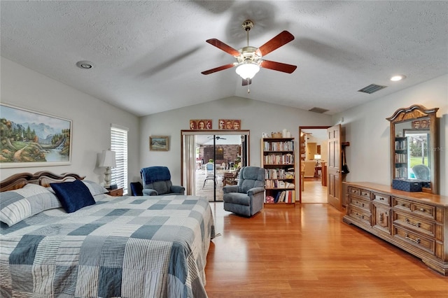 414 Summit Chase Dr, Valrico, FL 33594 - bedroom with lofted ceiling, light wood finished floors, access to exterior, a textured ceiling, and a ceiling fan