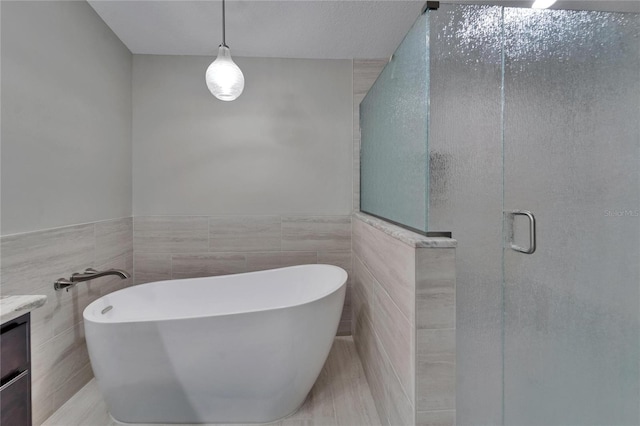 414 Summit Chase Dr, Valrico, FL 33594 - full bath featuring tile walls, vanity, a freestanding tub, a shower stall, and a wainscoted wall