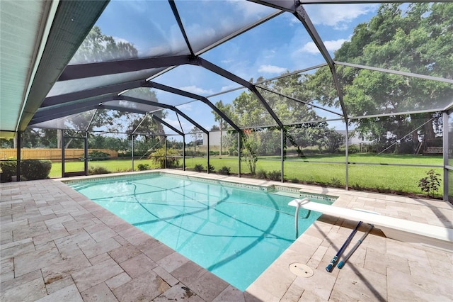 414 Summit Chase Dr, Valrico, FL 33594 - outdoor pool with a lawn, a patio, a lanai, and a diving board