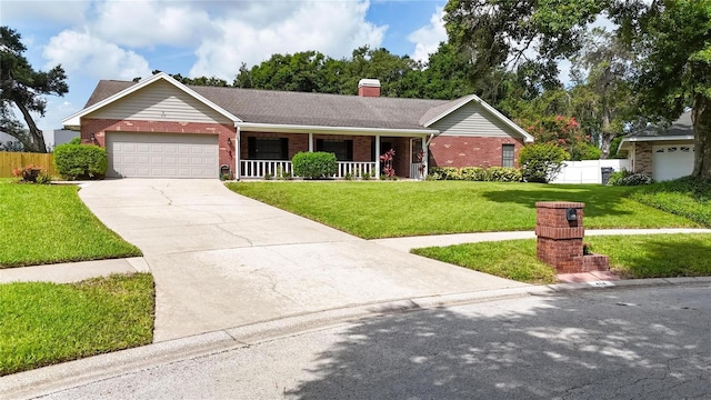 414 Summit Chase Dr, Valrico, FL 33594 - ranch-style house with brick siding, a porch, an attached garage, and a chimney
