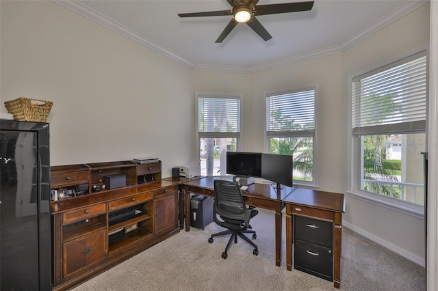 6468 Rubia Cir, Apollo Beach, FL 33572 - office area featuring plenty of natural light, ceiling fan, crown molding, and carpet