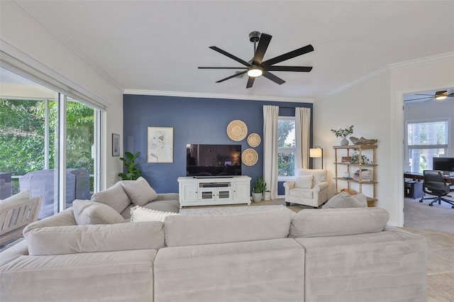 6468 Rubia Cir, Apollo Beach, FL 33572 - carpeted living room with ceiling fan, healthy amount of natural light, ornamental molding, and an office area