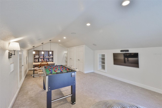 6468 Rubia Cir, Apollo Beach, FL 33572 - game room with lofted ceiling, built in shelves, baseboards, light colored carpet, and recessed lighting