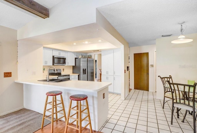 107 Halton Cir, Seffner, FL 33584 - kitchen featuring stainless steel appliances, a peninsula, light countertops, a sink, and a textured ceiling