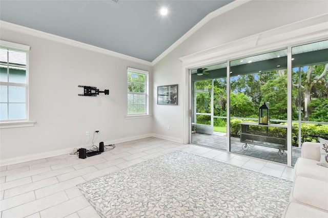 7991 Lake James Blvd, Lakeland, FL 33810 - empty room featuring crown molding, baseboards, tile patterned floors, and lofted ceiling
