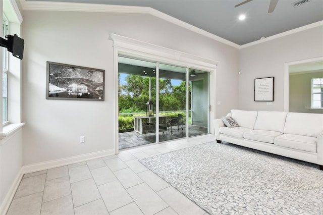 7991 Lake James Blvd, Lakeland, FL 33810 - tiled living area featuring a ceiling fan, baseboards, and ornamental molding