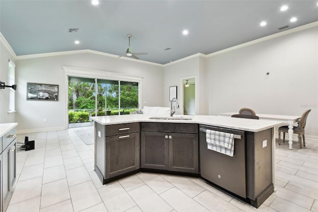 7991 Lake James Blvd, Lakeland, FL 33810 - kitchen featuring dishwasher, a sink, a ceiling fan, ornamental molding, and dark brown cabinetry