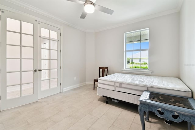 7991 Lake James Blvd, Lakeland, FL 33810 - bedroom with french doors, crown molding, baseboards, light tile patterned floors, and ceiling fan