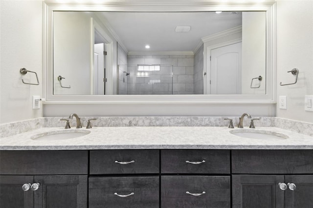 7991 Lake James Blvd, Lakeland, FL 33810 - bathroom featuring double vanity, crown molding, and a tile shower